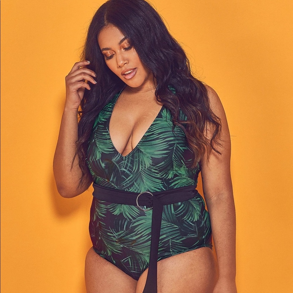 NWT Palm Print Belted One Piece Swimsuit
